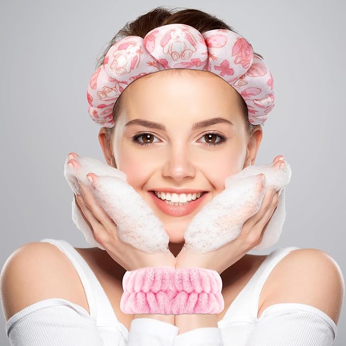 Zkptops Spa Headband for Washing Face Wristband Set Sponge Makeup Skincare Velvet Fabric Bubble Soft Get Ready Hairbands for Women Puffy Headwear Non Slip Thick Thin Hair Accessory(Pink Bow)