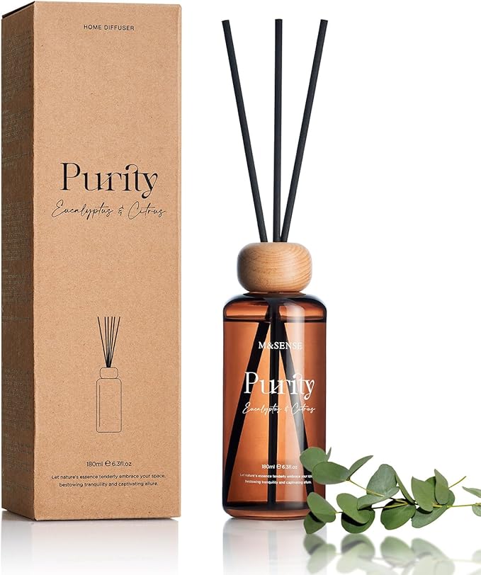 M&SENSE Eucalyptus Citrus Reed Diffuser: 6.3 fl oz Non-Toxic Aroma Set with Sticks, Light & Subtle Fragrance, Long-Lasting Natural Essential Oil Gifts for Bedroom, Shelf Decor & Small Spaces