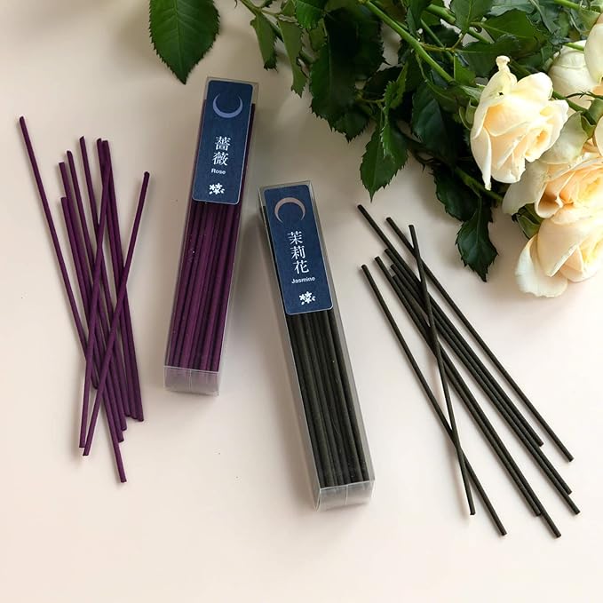 Asayu Japan Low Smoke Incense Sticks - Floral Set (Jasmine + Rose), 40gr (Each Scent 20g), for Yoga, Zen Meditation and Relaxation - Smokeless for Less Irritation