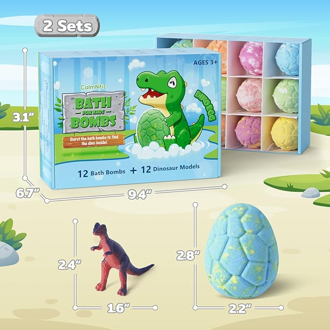 Bath Bombs with Surprise Dinosaur Toys Inside, 24 Pack Organic and Natural Bubble Bath Bombs,Stocking Stuffers for Kids, Bath Bomb Set for Her/Him (2 Sets)