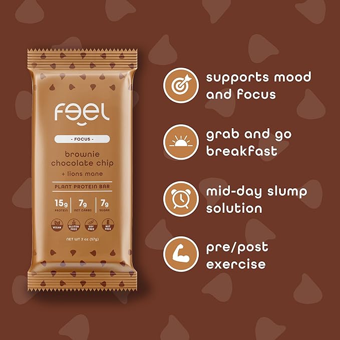 Feel Vegan Protein Bars | Brownie Chocolate Chip | Keto | Gluten Free | Organic | Lion’s Mane | 15g Plant Protein | Low Carb | High Protein | Dairy Free | Low Sugar | Nut, Grain, Soy Free | 10 Pack