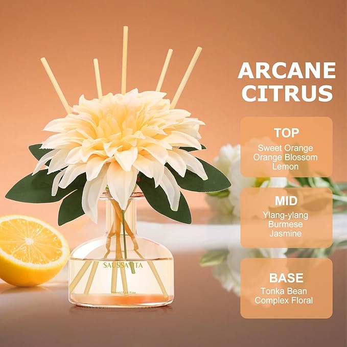 Reed Diffuser Set for Home, 7.1 fl oz / 210 ml - Tangerine Scent Diffuser with Sticks Home Fragrance Flower Reed Diffuser with Plastic Flowers for Bathroom Shelf Décor