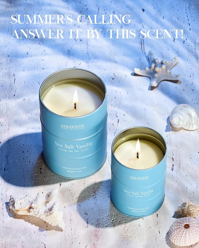 M&SENSE Sea Salt Vanilla Beach Scented Candles, Coastal Soy Candle, Summer Candle for Stress Relief Meditation Relaxing, Housewarming Gifts for Women Men, 11.3oz 70 Hour Long Burning