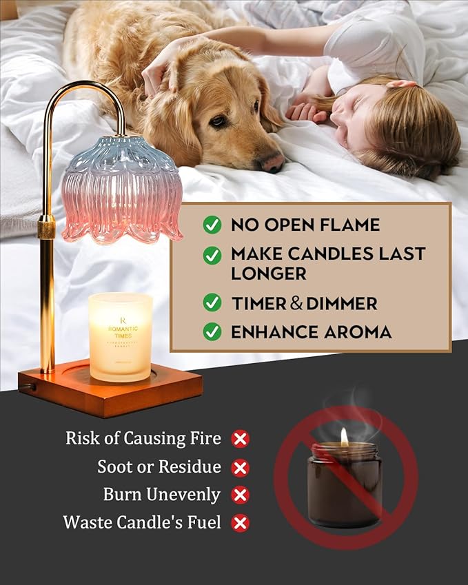 Candle Warmer Lamp with Timer Dimmable, Height Adjustable Birthday Gifts for Women Mom House Warming, Home Decor, Lotus Flower Candle Lamp Warmer 2 Bulbs Inc (Blue Pink)