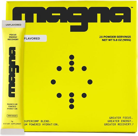 Magna Electrolyte Powder Drink Mix for Hydration, Energy & Focus Support with Magnesium L Threonate, Sodium, Potassium, Vitamin D, B6 & B12, Sugar Free, Unflavored, 28 Servings