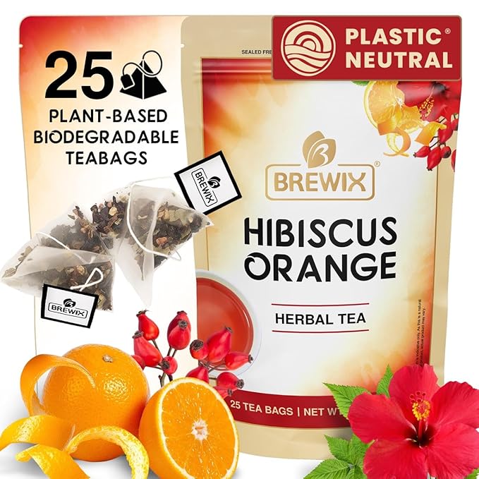 BREWIX, Hibiscus Orange Tea Bags (25 Plant Based Tea Bags) Caffeine-Free, Made with Real - Hibiscus Flowers, Rosehip, Orange Peel, Raspberry Leaf | Contains Antioxidants & Support Overall Health