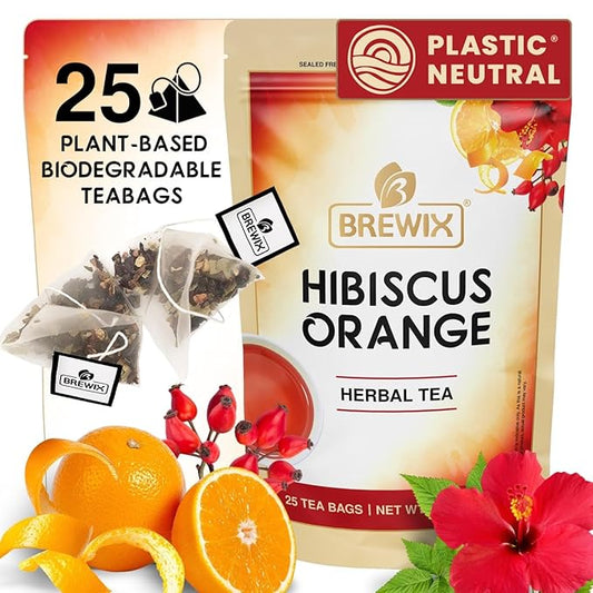 BREWIX, Hibiscus Orange Tea Bags (25 Plant Based Tea Bags) Caffeine-Free, Made with Real - Hibiscus Flowers, Rosehip, Orange Peel, Raspberry Leaf | Contains Antioxidants & Support Overall Health