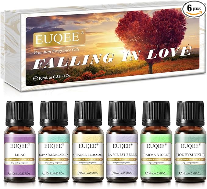 EUQEE Premium Floral Fragrance Oils Set 6PCS Fragrance Oils Set for Diffuser, DIY Candle - Honeysuckle, Lilac, Japanese Magnolia, Violet, Orange Blossom (10ml)