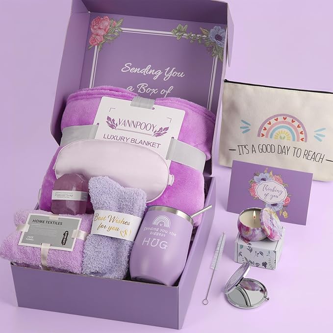 Get Well Gifts for Women, Thinking of You Gift Basket, Unique Self Care Package Relaxing Spa Gift Set, Birthday Gifts Box for Woman, Mothers Day Gifts for Mom Her Friend Wife Sister, Purple