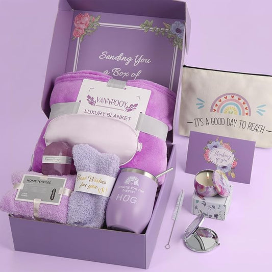 Get Well Gifts for Women, Thinking of You Gift Basket, Unique Self Care Package Relaxing Spa Gift Set, Birthday Gifts Box for Woman, Mothers Day Gifts for Mom Her Friend Wife Sister, Purple