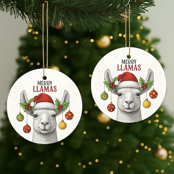 34HD Merry Llamas Ceramic Christmas Ornament – Funny Double-Sided Holiday Llama Tree Decoration for Animal Lovers