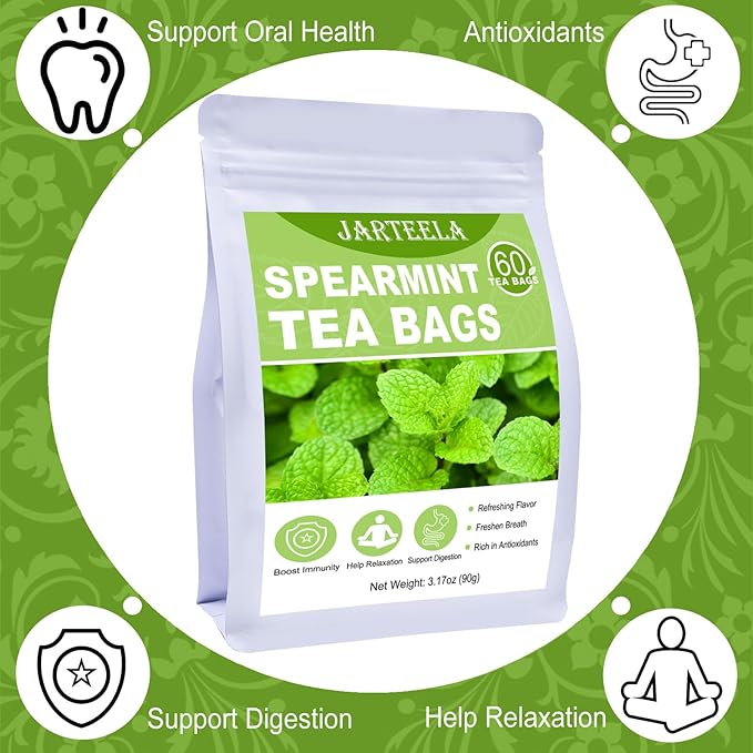 Jarteela - Spearmint Tea Bag, 1.5g x 60 Count - Pure Spearmint Leaves - Natural Herbal Tea Bags for Digestion - Non-GMO - Caffeine-free Tea (Pack of 2)