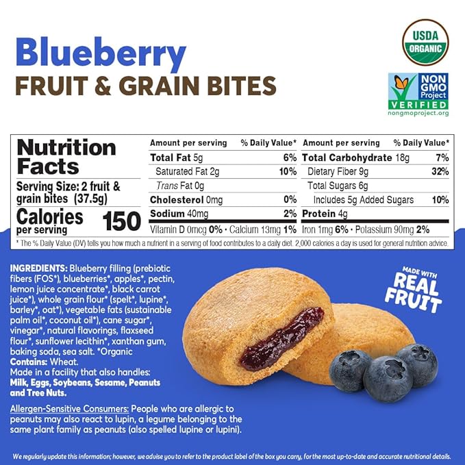 Olyra Blueberry Fruit Bars, Prebiotic High Fiber Snack, Organic Snack, Healthy Snacks for Adults and Kids, Low Sugar, Vegan, Office Breakfast Bars, USDA Certified Organic, Non GMO (Pack of 24)