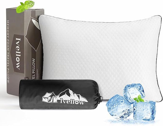 Ivellow Travel Pillow Cooling Camping Pillow for Sleeping Compressible Shredded Memory Foam Pillow Compact Firm Supportive Pillow for Adults Kids Outdoor Backpacking Hiking Essential Gear White M