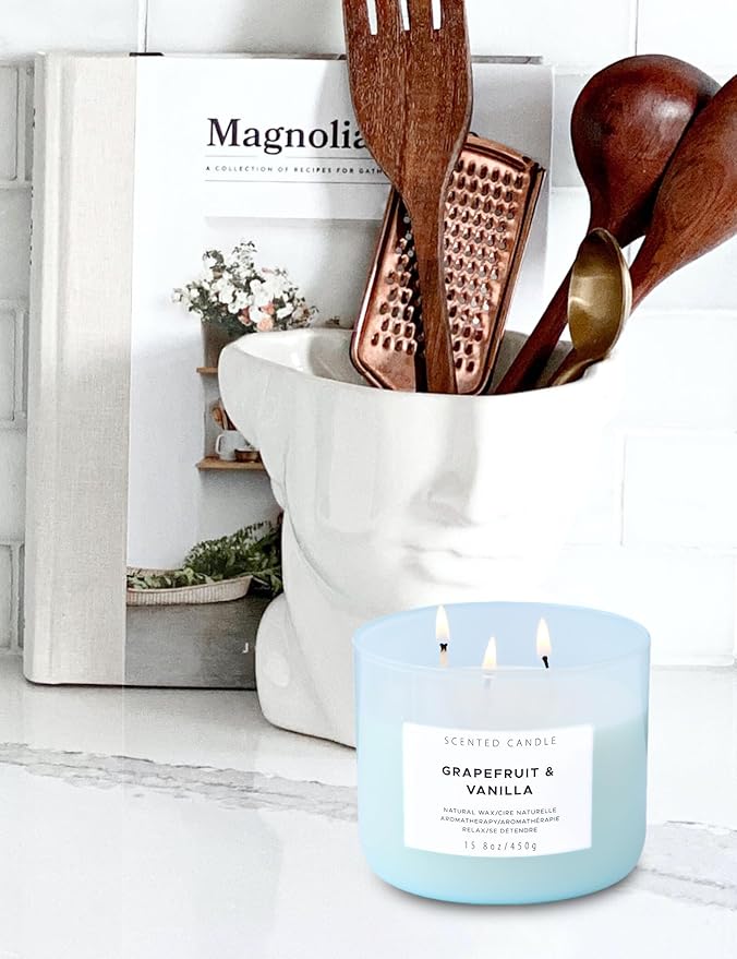 Grapefruit Vanilla 3-Wick Scented Soy Candle, 15.8 oz - Aromatherapy Citrus & Vanilla Candle, Long-Lasting Clean Burn, Strong Throw