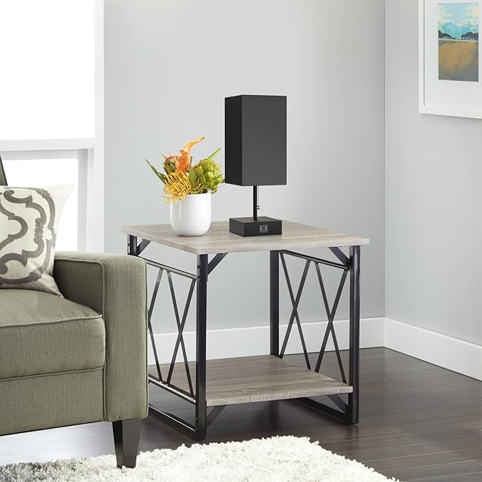 GGOYING USB Bedside Table Lamp, Pull Chain Nightstand Table Lamp with 2700K LED Bulb, Black Fabric Linen Lampshade, USB C+A Charging Ports for Living Room Bedroom Office