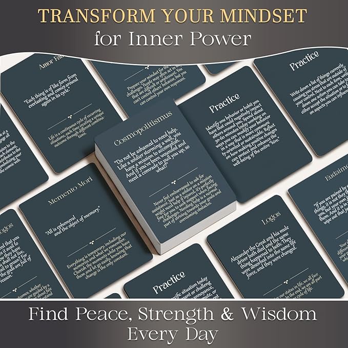 122 Daily Stoic Quotes with Explanations & Practices, Marcus Aurelius Stoicism Cards, Wooden Stand, Gift Box, Inner Strength Wisdom Stoic Reminders, Mindfulness Deck, Unique Home Office Gifts Décor