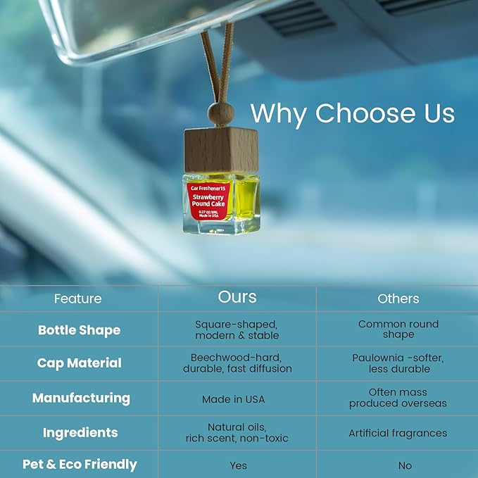 Car Air Freshener Hanging Diffuser – Long-Lasting Essential Oil Scent (Up to 60 Days) – Non-Toxic & Eco-Friendly – 2-Pack Auto Fresheners Made in USA