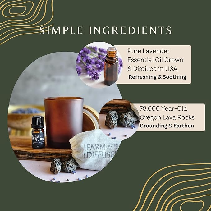 Lava Rock Diffuser and Lavender Essential Oil Set, Volcanic Stone Diffusers for Essential Oils, No Water, Non-Electric, Easy Aromatherapy Gift, Made in USA, Bedtime Self Care Ritual, Home Fragrance
