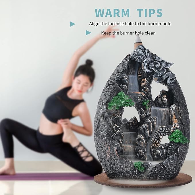 Backflow Incense Holder Resin Mountain Incense Burner Fountain Waterfall Incense Holders Home Decor with 120 Pcs Backflow Incense Cones 30 Pcs Incense Sticks (Creek)