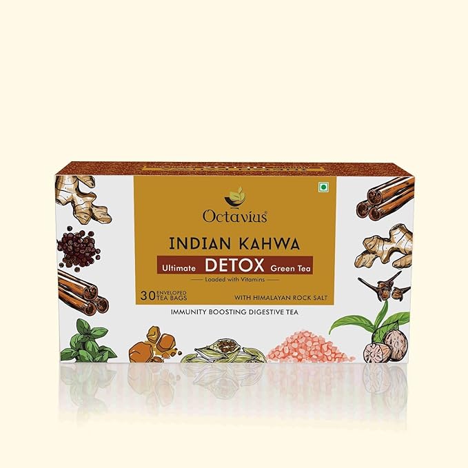 Octavius Indian Kahwa Detox Green Tea Bags - 30 Tea Bags (2gm x 30 Teabags) | 100% Natural | Antioxidant-rich | Improves Metabolism | Detox Green Tea Bags | May Help In Weight-loss
