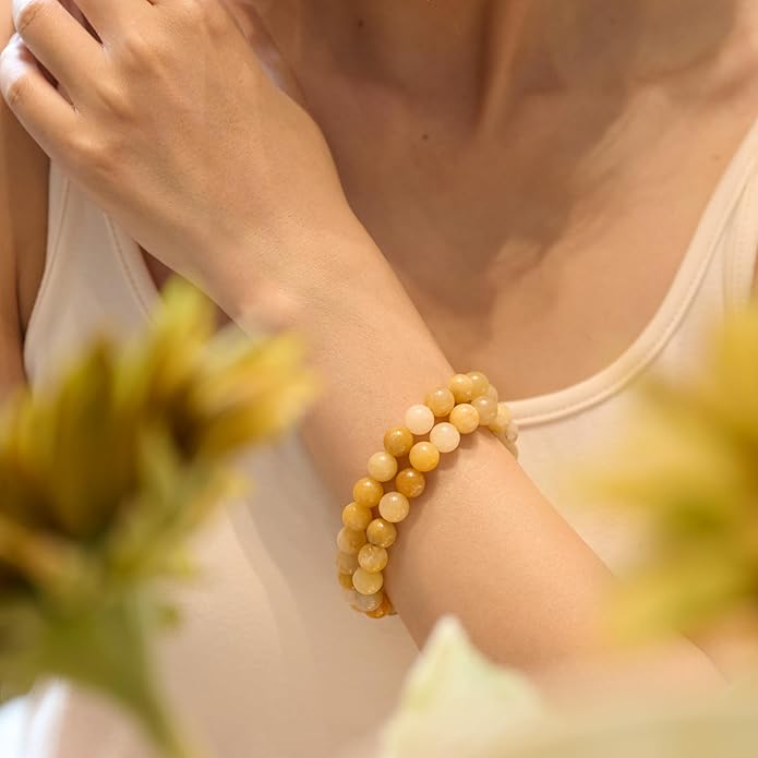 Bivei Natural Gemstone Semi Precious Healing Crystals Handmade Stretchy Round Beads Bracelet, Enhance Positive Energy