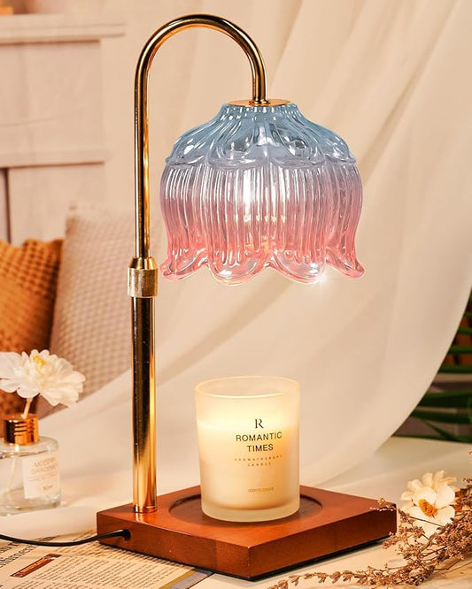 Candle Warmer Lamp with Timer Dimmable, Height Adjustable Birthday Gifts for Women Mom House Warming, Home Decor, Lotus Flower Candle Lamp Warmer 2 Bulbs Inc (Blue Pink)