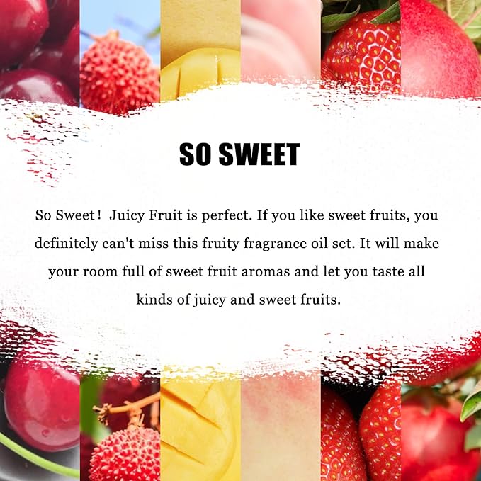 EUQEE Premium Fruit Fragrance Oils Gift Set for So Sweet - 6x10ml-Strawberry, Cherry, Litchi, Apple, Mango, Peach - Scented Essential Oils for Diffuser, Candle Making