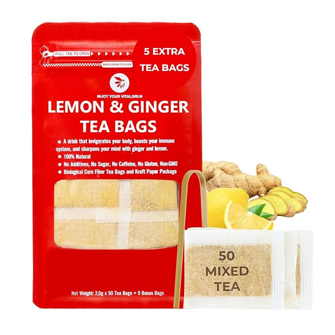 Ginger Lemon Tea Bags - 55 Count (+5 Tea Bags) - 5.22 oz, Refresh Sour, Re-Steep Herbal Detox Tea Blend for NaturalSupport and Body Warm, Energy Support, Bamboo Tong Include