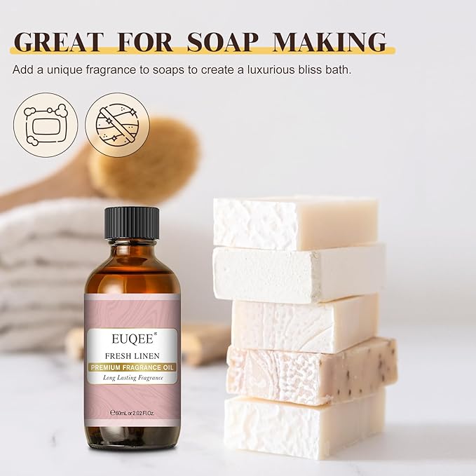 EUQEE Fresh Linen Fragrance Oil 60ml Premium Fragrance Essential Oil for Aromatherapy, Diffusers, DIY Bath Bombs, Candle Making (2.02 Fl oz)