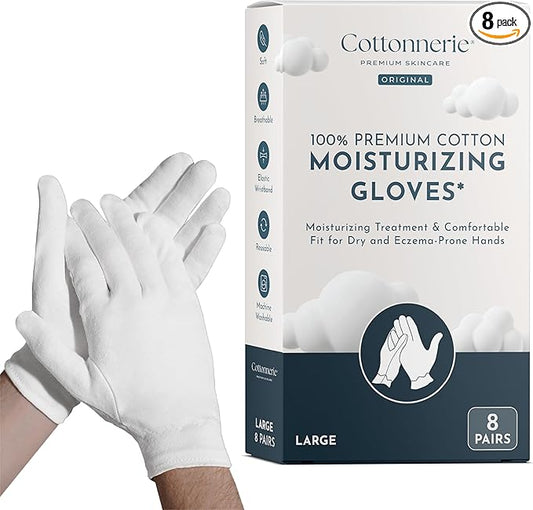 Cottonnerie Cotton Gloves for Dry Hands Sleeping, Moisturizing Gloves Overnight, Hand Moisturizer Gloves, Moisture Gloves for Dry Hands Overnight, Sleeping Gloves, Eczema Gloves, Large 8 Pair