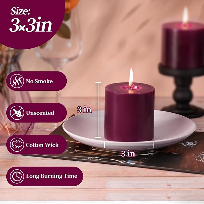KONNI Purple Pillar Candles Set of 3, 3"x 3" Unscented Pillar Candles Bulk, 30 Hours Long Burning Candles, Smokeless&Dripless Large Round Candle for Wedding, Home Decoration, Parties, Spas, Dinner