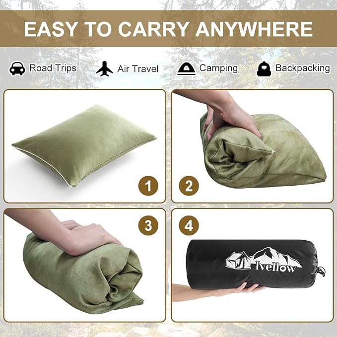 Ivellow Memory Foam Travel Pillow Compressible Camping Pillow for Sleeping Shredded Memory Foam Pillow Compact Firm Supportive Travel Pillow for Adults Kids Outdoor Hiking Essential Gear Green-S