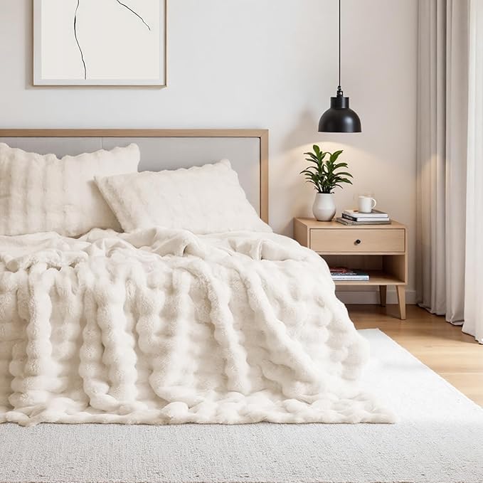 Lotus Karen Faux Fur Blanket - Cream White Twin Size, Big Bubble Rabbit Fluff, 60x80 Inches