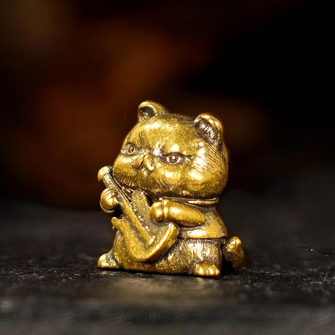 Fierce Rocker Cat Brass Statue - 100% Solid Handcast Guitar Player Sculpture, Vintage Music Lover Gift for Desk, Unique Collectible Animal Art, Handmade Heavy Metal Decor for Musicians & Cat Lovers