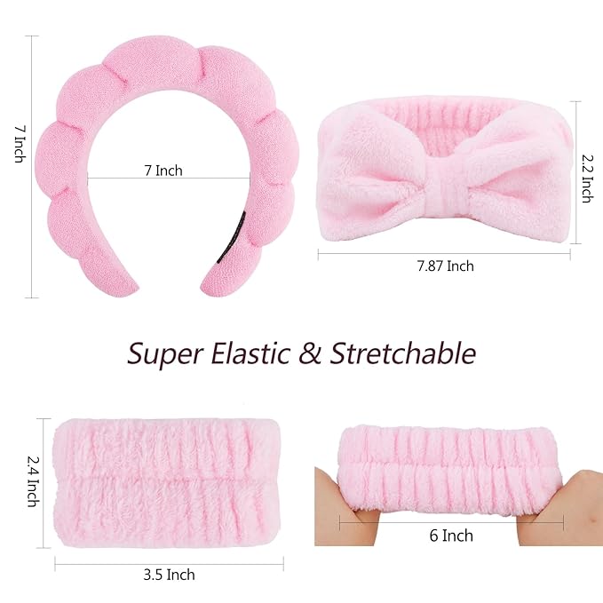 VELSCRUN 6 Pack Spa Headband, Makeup Headband, Face Wash Headbands, Skincare Headbands, Pink Sponge Hair Band Bow Tie Spa Head Band for Washing Face Wristband Set Hair Accessories for Women Girls