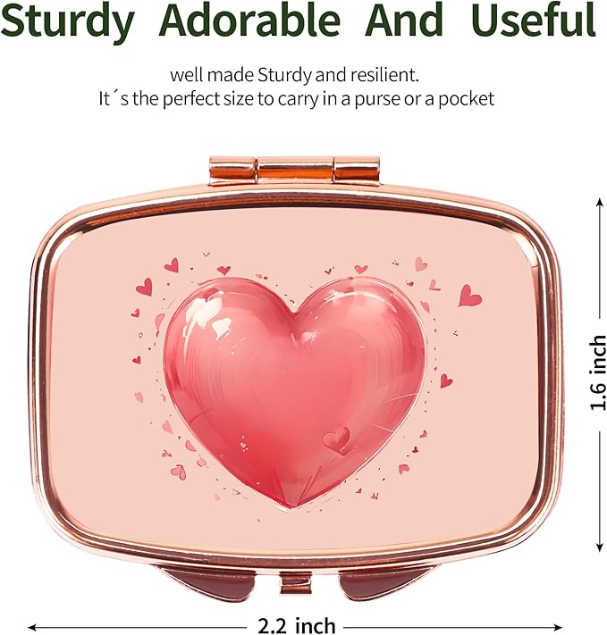 Dynippy Pill Case Pill Box with Mirror Retro Pocket 2 Compartment Medicine Case Vitamin Pill Organizer for Pocket Purse and Travel (Rose Gold- Red Heart Pattern)