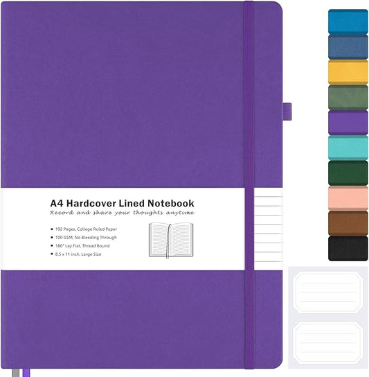 College Ruled Notebook, A4 Hardcover Leather Notebook for Work, Lined Notebook Journal for Women, Men, 192 Thick Paper, 8.5" x 11", Large Notebook with Pockets, Professional Business Notebook, Purple
