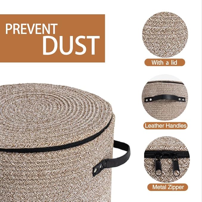 Cotton rope Storage Basket with Zipper cover & Woven baskets with Lid easy to move Multi-Purpose Storage Basket for Living Room, 13 x14 inches(Brown)
