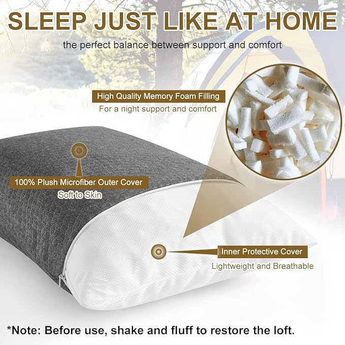 Ivellow Travel Pillow Compressible Camping Pillow for Sleeping Shredded Memory Foam Pillow Compact Firm Supportive for Adults Kids Outdoor Backpacking Hiking Essential Gear