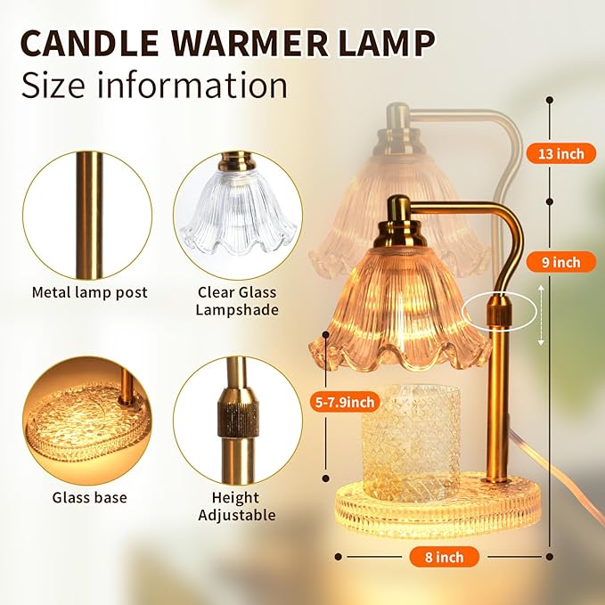 Candle Warmer Lamp with Timer: Adjustable Height and 4 Dimmer, Crystal Glass Base, Heater Wax Warmer for Jar Scented, Home Décor and Housewarming & Birthday Gift for Mom Woman, 2 Bulbs (White Flower)