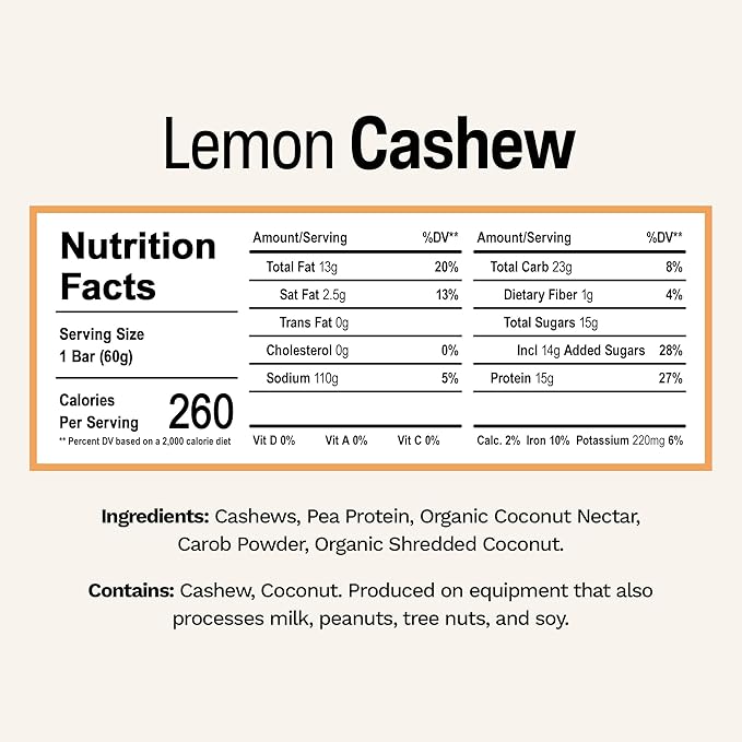 Rise Pea Protein Bar - Vegan Lemon Cashew | Breakfast Bar & Protein Snack 15g Protein Just 3 Whole Food Ingredients Non-GMO Gluten-Free Soy Free