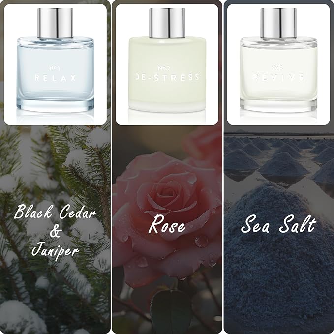 Set of 3 Reed Diffuser Set, 50ML Black Cedar Juniper Rose Sea Salt Reed Diffusers with 12 Black Fiber Sticks,Scent Diffuser Air Freshener for Bedroom Bathroom Office