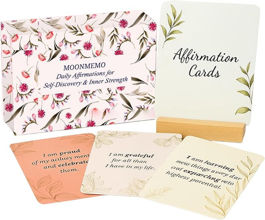 Positive Affirmation Cards for Women – 50 Daily Affirmations for Mindfulness, Self- Care & Meditation with Wooden Stand | Inspirational and Motivational Birthday Gifts for Women, Mom & Friends