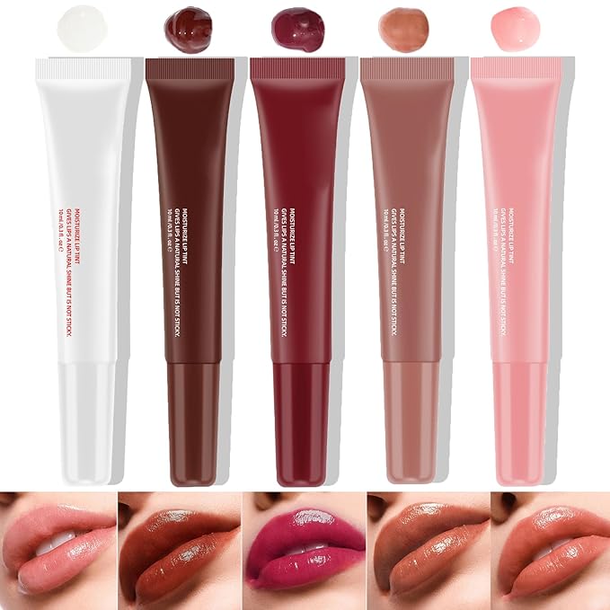 5 Pcs Hydrating Lip Gloss Lip Jam Set, High Shine Glass Finish Nude Colors Moisturizing Glitter Plumping Lip Gloss Shiny Jelly Liquid Lipstick for Girls and Women