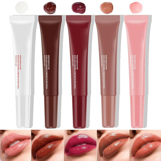 5 Pcs Hydrating Lip Gloss Lip Jam Set, High Shine Glass Finish Nude Colors Moisturizing Glitter Plumping Lip Gloss Shiny Jelly Liquid Lipstick for Girls and Women