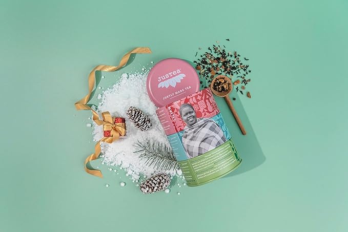 JusTea Holiday Tea Gift Box | Holiday Trio with Hand Carved Tea Spoon & Infuser Steeper Strainer | Loose Leaf | Variable Caffeine | Award-Winning | Fair Trade | Non-GMO