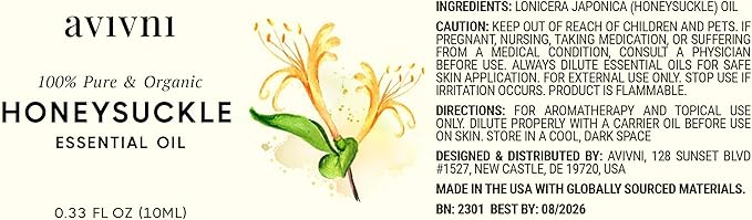 Avivni Honeysuckle Essential Oil - 100% Pure & Natural, Undiluted for Aromatherapy, Hair, Diffuser (0.33oz - 10ml)
