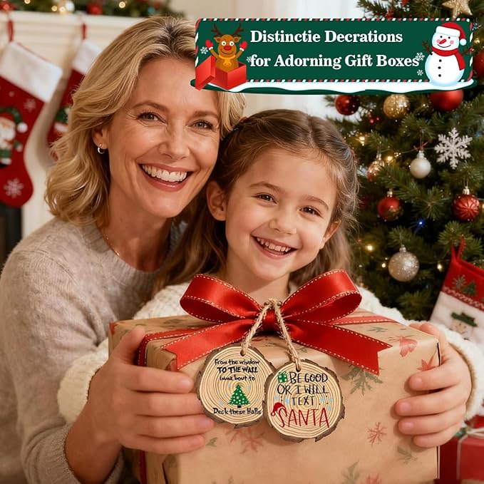 5pcs Vintage Christmas Decor Ornaments Wood Slices Christmas Tree Decorations Wooden Decorative Hanging Ornaments with Hemp Rope for Holiday Party Home Outdoor Indoor 3×3 Inch