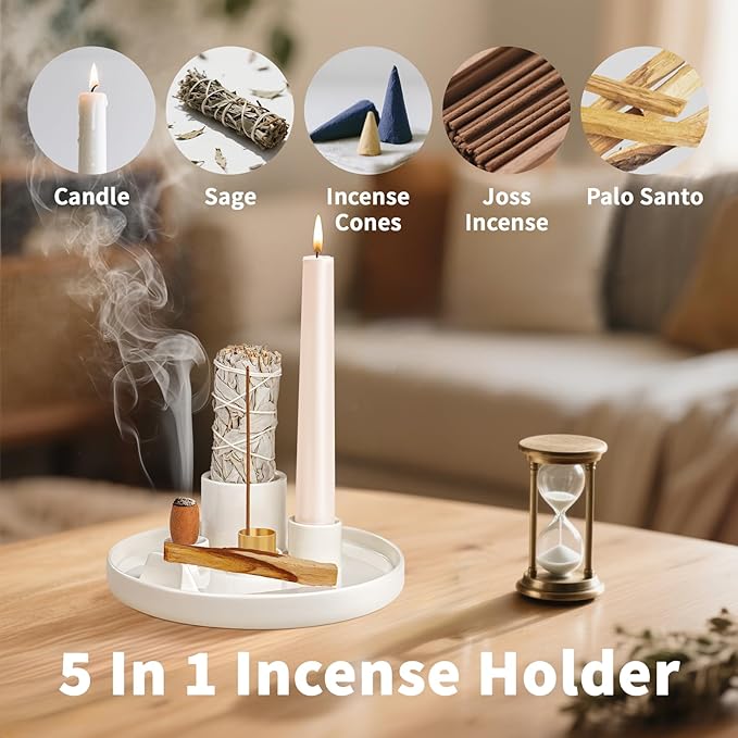 Luvan Palo Santo Holder, 5 in 1 Incense Holder for Burning Sage, Candle, Incense Sticks and Backflow Incense Cones - 6.06" Ceramic Ash Catcher Tray for Meditation Room Home Zen Decor